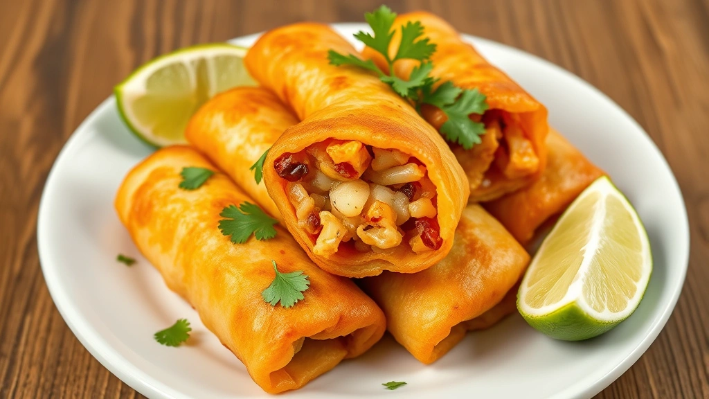 hero: golden crispy Southwest egg rolls on a white plate with cilantro garnish and lime wedge, photorealistic, natural bright light, no text