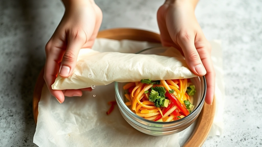 process: hands sealing an egg roll wrapper with water, bowl of southwestern filling visible, photorealistic, natural daylight, no text