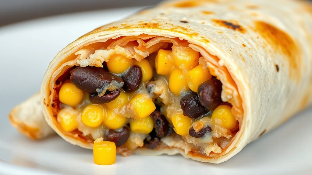 detail: close-up cross-section of a cut Southwest egg roll showing black beans, corn, and melted cheese, photorealistic, natural light, no text