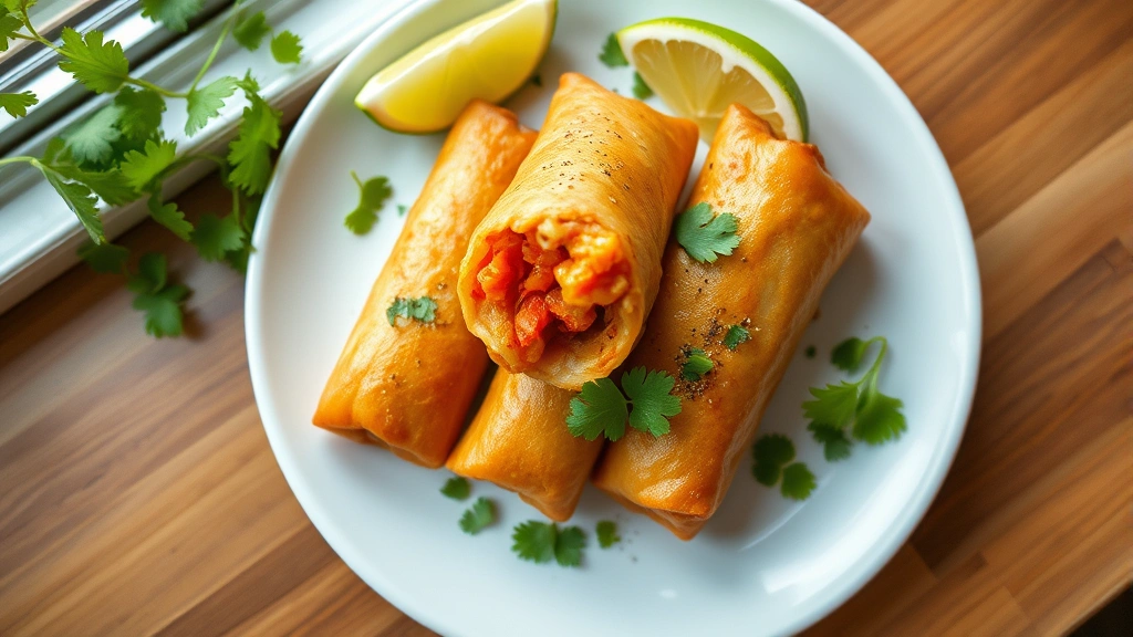 hero: golden crispy southwest egg rolls on white plate with cilantro garnish and lime wedge, natural window lighting, top-down angle, food photography style