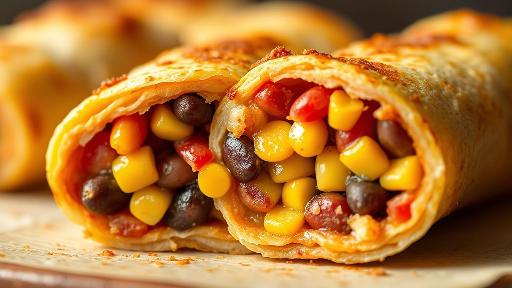 detail: cross-section of cut southwest egg roll showing colorful bean and corn filling, golden crispy exterior, macro photography, warm natural lighting