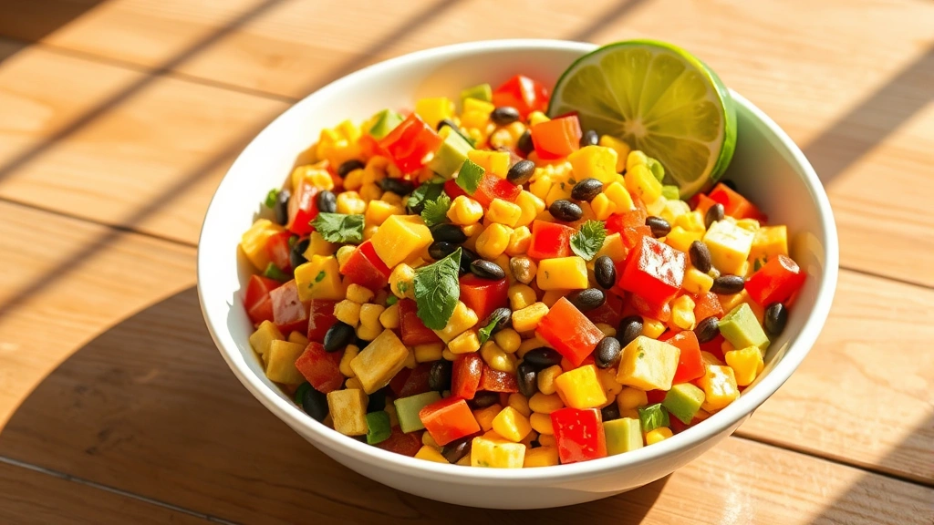 hero: colorful Southwest Salad in white bowl, vibrant red yellow peppers corn black beans avocado, lime wedge garnish, natural sunlight streaming from left, wooden table surface, no text or watermark