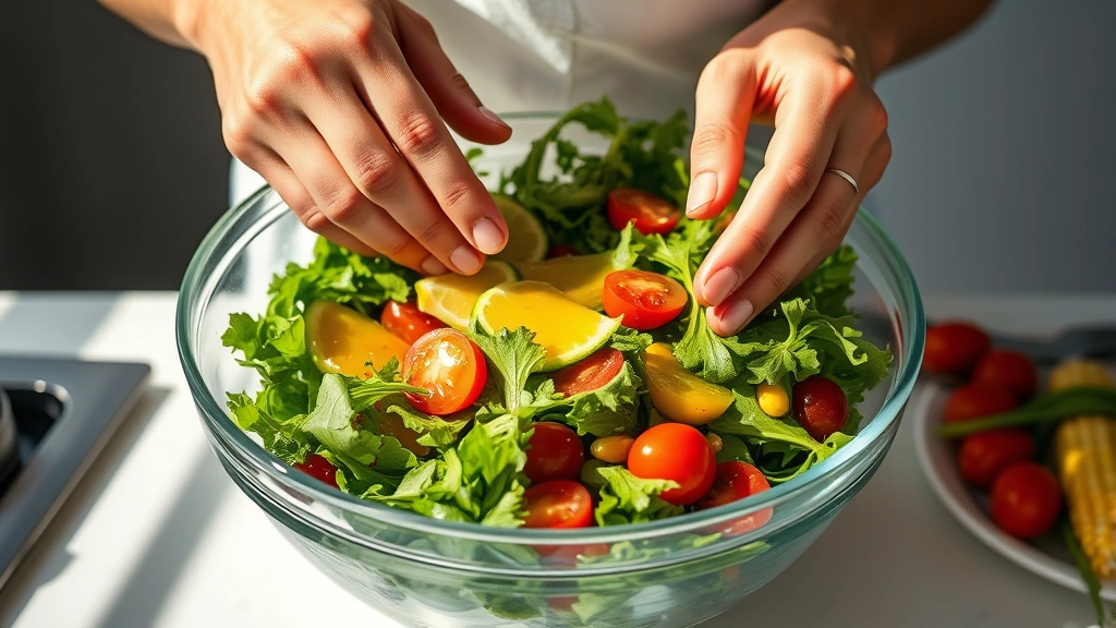 process: hands tossing fresh mixed greens with lime dressing in glass bowl, cherry tomatoes and corn visible, sunlit kitchen counter, no people faces, natural daylight, no text