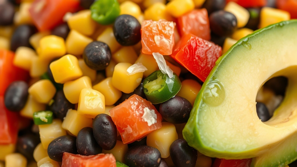 detail: close-up of salad showing layers of corn black beans diced peppers avocado slices, lime juice droplet, macro photography style, natural diffused lighting, no text