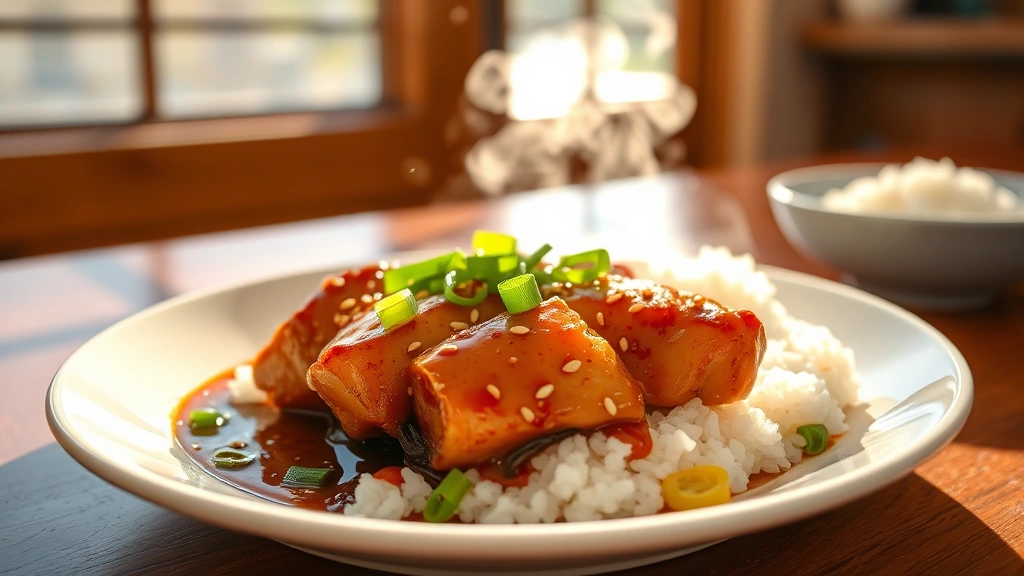 hero: glossy soy sauce chicken breast on white plate with sesame seeds and green onions, rice in background, steam rising, warm afternoon light through window, professional food photography