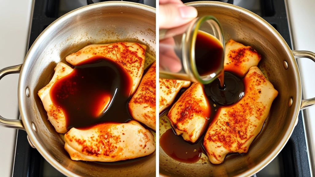 process: chicken searing in skillet with golden crust, soy sauce being poured over, garlic and ginger visible, stove top view, natural kitchen light, action shot