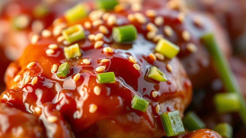 detail: close-up of glazed chicken with sesame seeds and green onions, glossy sauce coating, shallow depth of field, warm lighting, macro photography