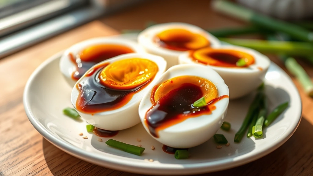 hero: perfectly marinated soy sauce eggs halved to show the creamy yolk, arranged on a white ceramic plate with fresh green onions and sesame seeds scattered around, soft natural window light casting gentle shadows, shallow depth of field