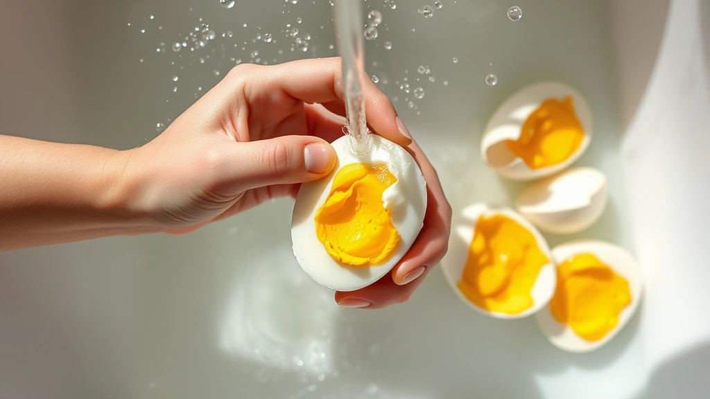 process: hands carefully peeling a hard-boiled egg under cool running water with water droplets visible, egg shells peeling away in large pieces, bright natural light from above showing the detail of the process