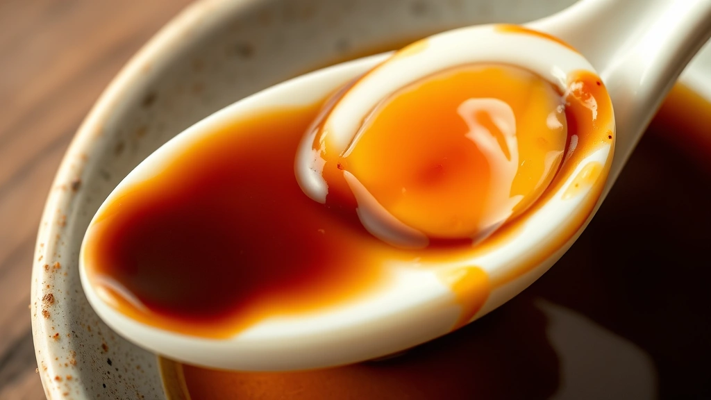detail: extreme close-up cross-section of a halved soy sauce egg showing the deep mahogany marinated white and golden yolk, placed on a small ceramic spoon with marinade glistening, warm natural light highlighting the glossy texture