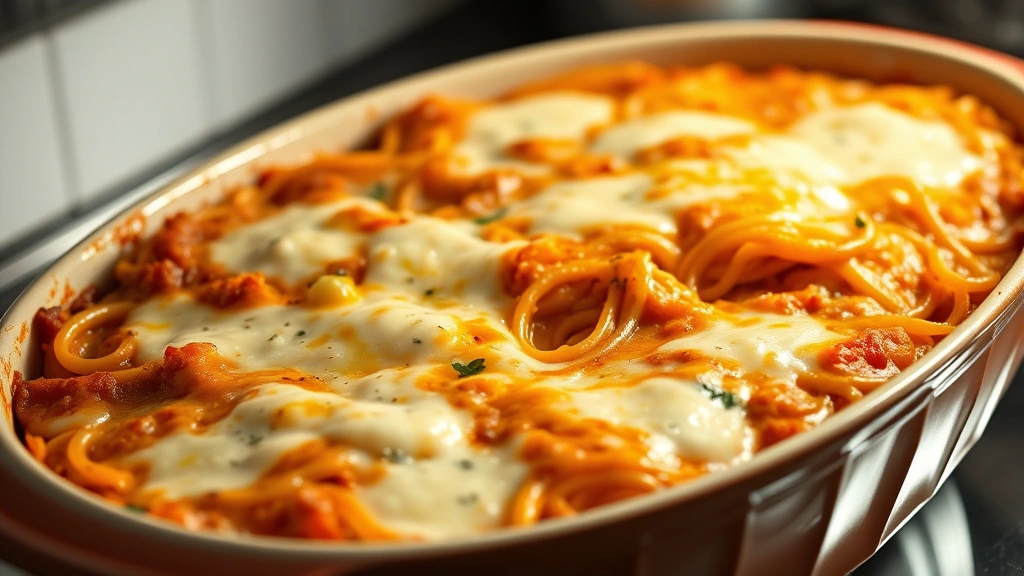 hero: golden baked spaghetti casserole fresh from oven with melted mozzarella cheese bubbling on top in a ceramic baking dish, photorealistic, natural kitchen lighting, no text