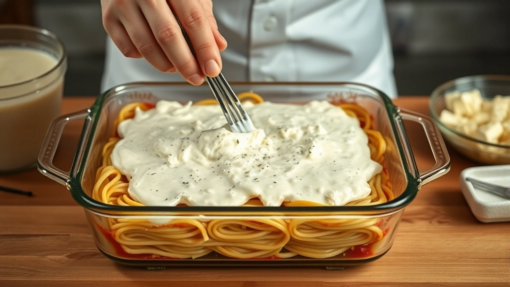 process: hands spreading ricotta mixture over spaghetti layers in baking dish mid-assembly, photorealistic, warm kitchen lighting, no text