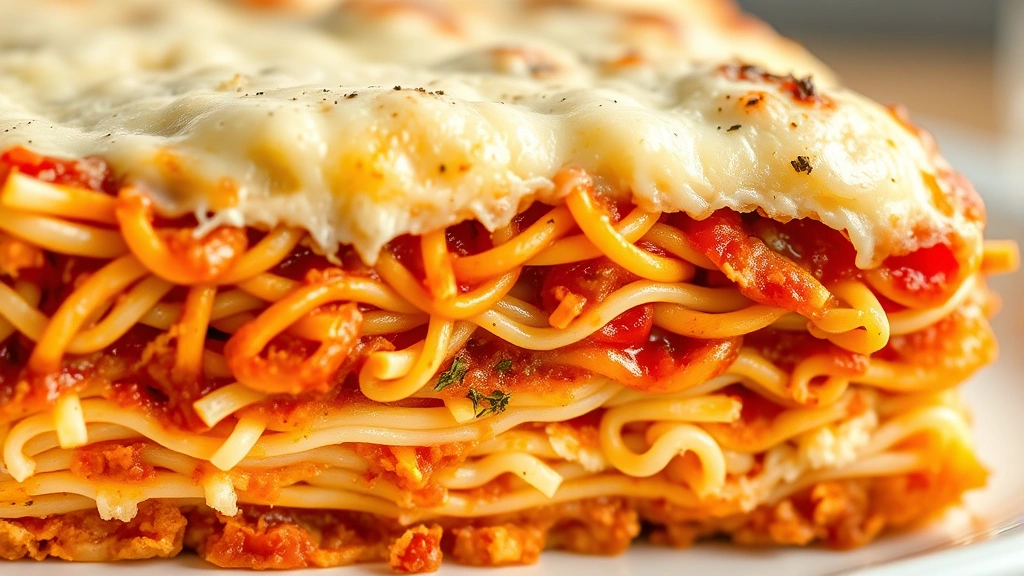 detail: close-up cross-section of baked spaghetti casserole showing distinct layers of pasta sauce ricotta and cheese, photorealistic, bright natural light, no text