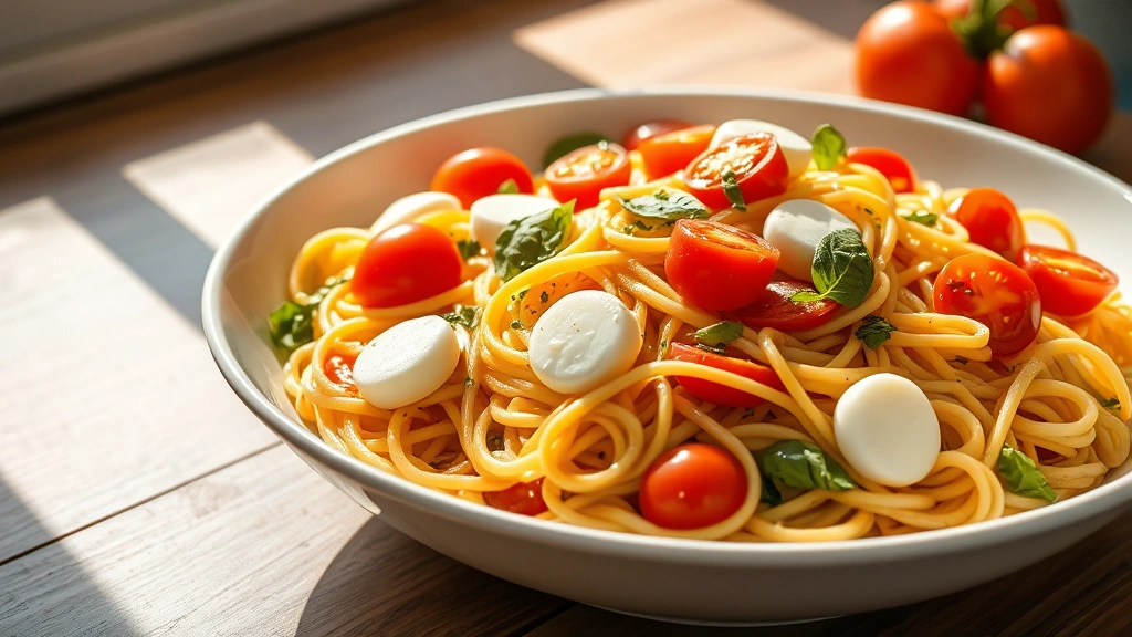 hero: colorful spaghetti pasta salad in a large white serving bowl with cherry tomatoes, fresh mozzarella, basil, and bell peppers visible, natural daylight streaming from the side, wooden table surface, no text or watermarks