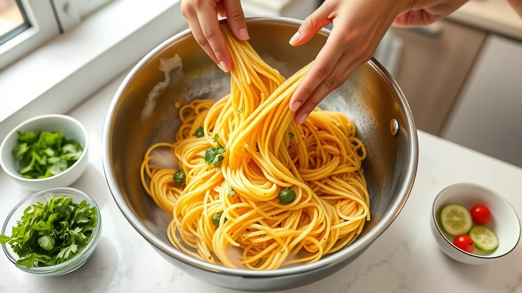process: hands tossing warm spaghetti with vinaigrette in a large bowl, steam rising slightly, fresh vegetables and herbs in small bowls nearby, bright kitchen counter, natural window light, no text