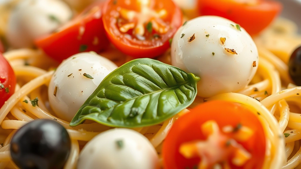 detail: close-up macro shot of spaghetti strands coated with vinaigrette, cherry tomato halves, fresh mozzarella ball, basil leaf, black olives, shallow depth of field, soft natural light, no text