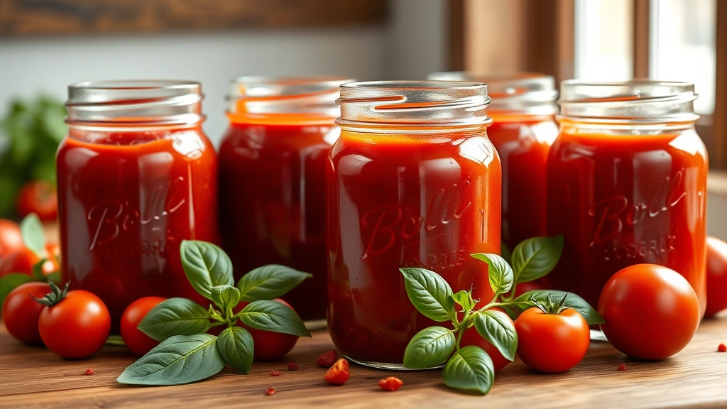hero: finished jars of homemade spaghetti sauce with deep red color, arranged on wooden surface with fresh basil and tomatoes scattered around, photorealistic, natural window light, no text