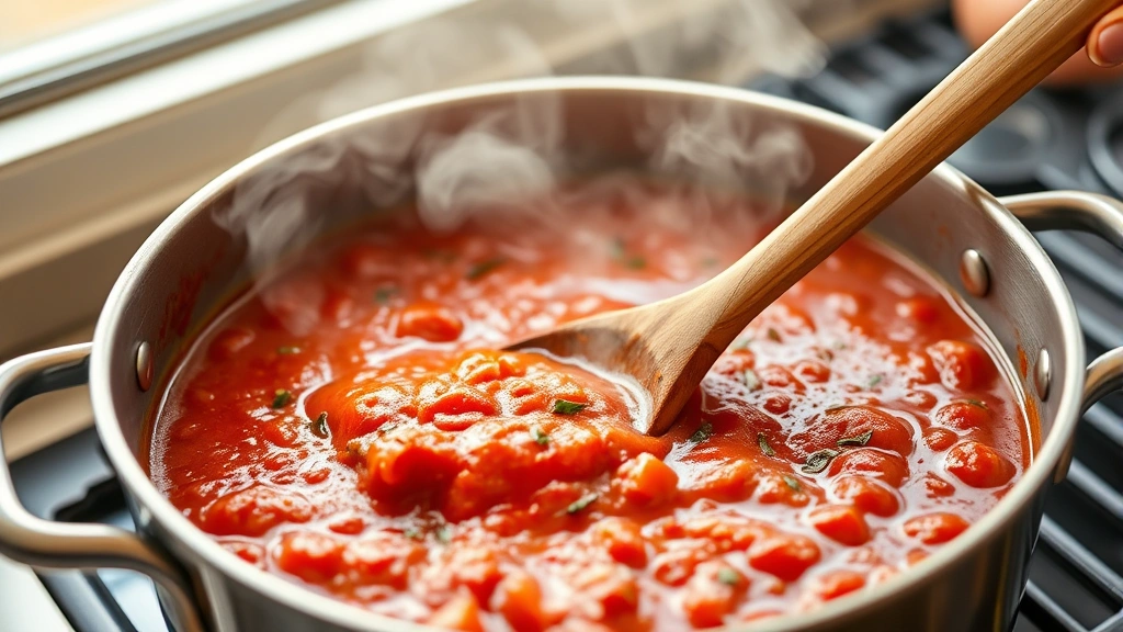 process: large pot of simmering tomato sauce with steam rising, wooden spoon stirring, fresh herbs visible in sauce, photorealistic, warm kitchen lighting, no text