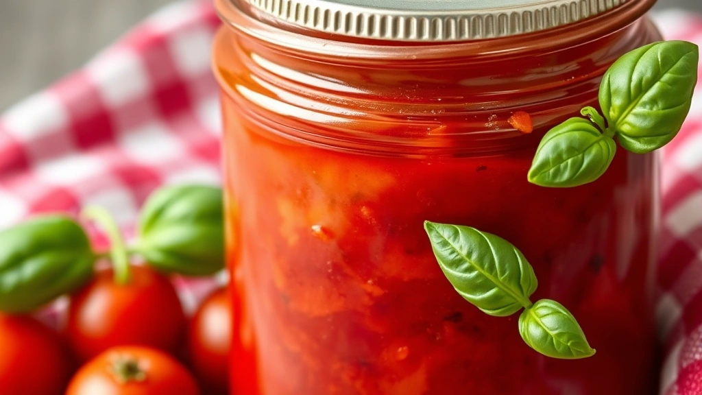 detail: close-up of sealed jar of rich red spaghetti sauce showing thick consistency, with checkered cloth and fresh basil leaf beside it, photorealistic, natural light, no text
