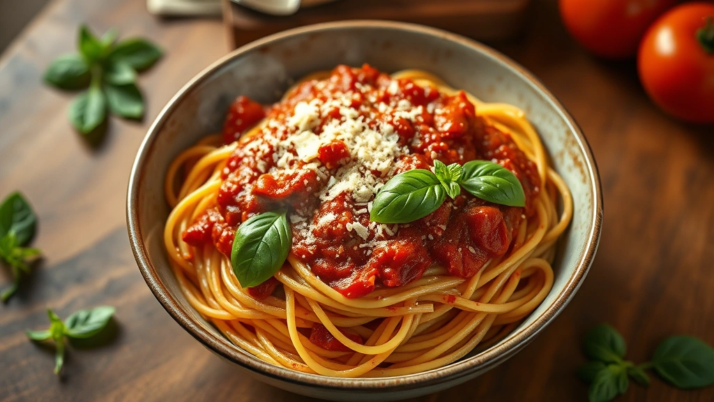 hero: steaming bowl of spaghetti with rich red sauce garnished with fresh basil and parmesan, photorealistic, natural warm kitchen lighting, no text, overhead angle