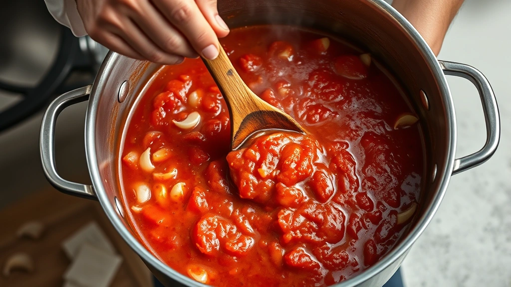 process: chef stirring tomato sauce in large pot with wooden spoon, garlic and onions visible, photorealistic, natural lighting from above, no text