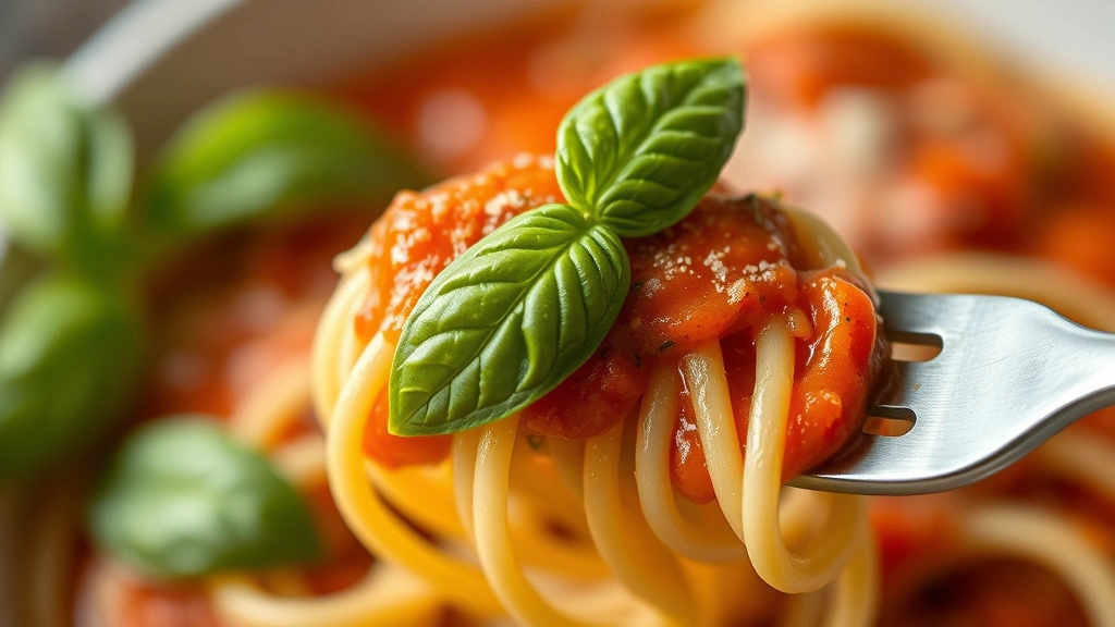 detail: close-up of fresh basil leaf on top of creamy red sauce on fork twirled with spaghetti, photorealistic, shallow depth of field, natural light, no text