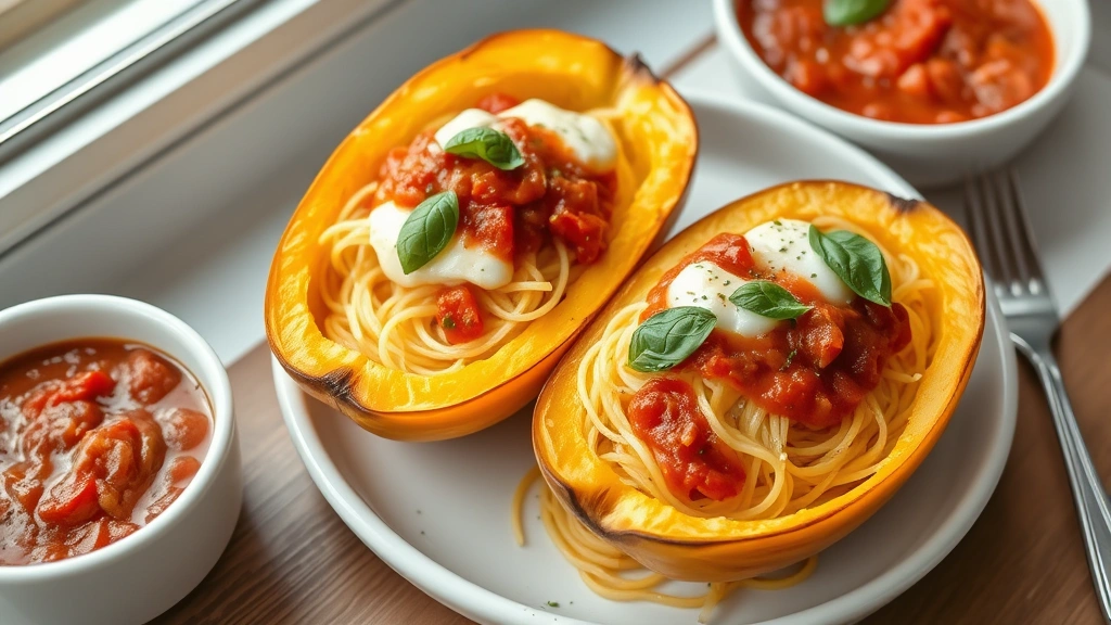 hero: golden roasted spaghetti squash halves with fork-tender strands, topped with melted mozzarella cheese and fresh basil, served in white bowls with marinara sauce, photorealistic, natural window light, no text, professional food photography
