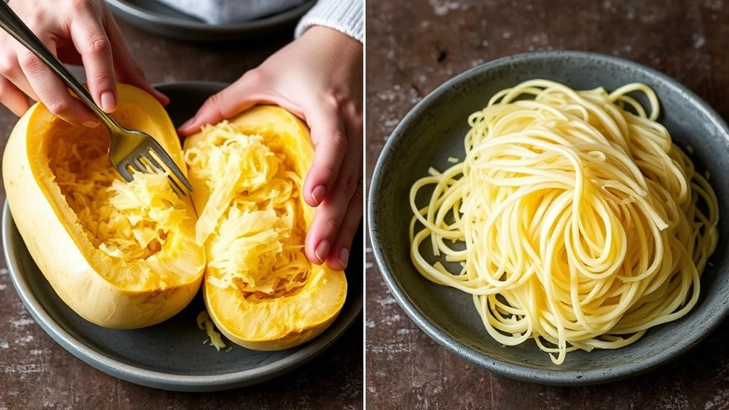 process: hands using fork to shred cooked spaghetti squash inside the skin, creating long noodle-like strands, close action shot showing the technique, photorealistic, natural light, no text