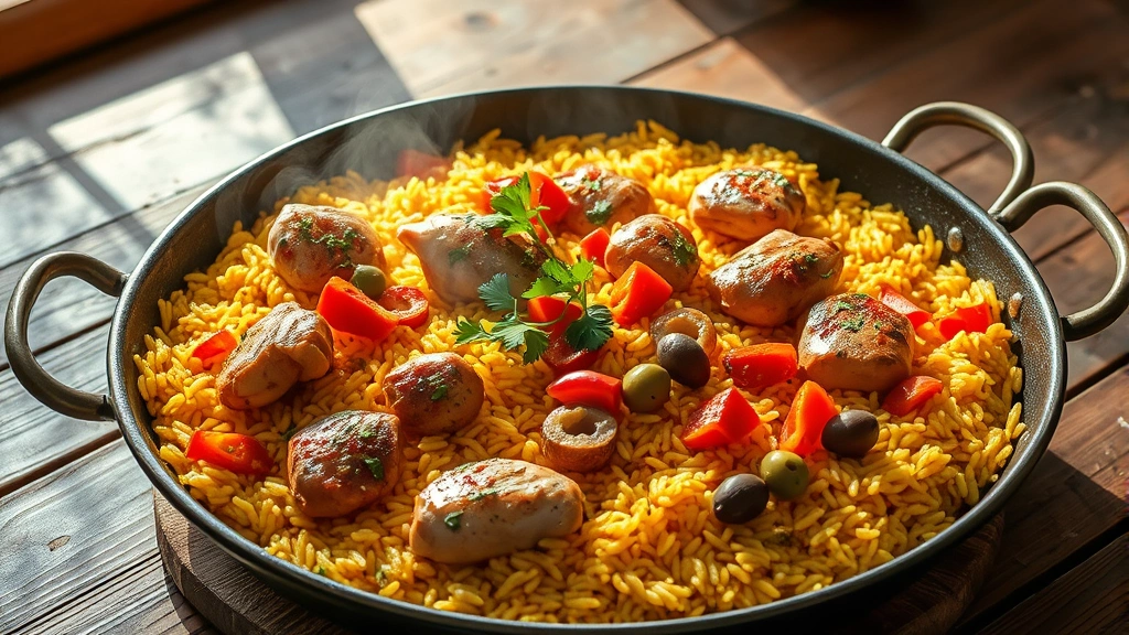 hero: steaming paella pan of Spanish chicken and rice with golden saffron rice, tender chicken pieces, red and orange peppers, green olives, and fresh cilantro garnish, rustic wooden table, natural sunlight streaming from side, warm Mediterranean ambiance, no text or watermarks