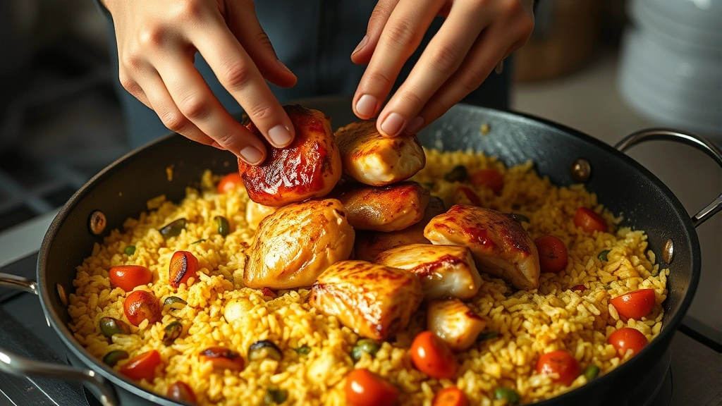process: hands placing seared golden-brown chicken pieces into saffron rice mixture in wide paella pan, vegetables visible, steam rising, warm kitchen lighting, no text or watermarks