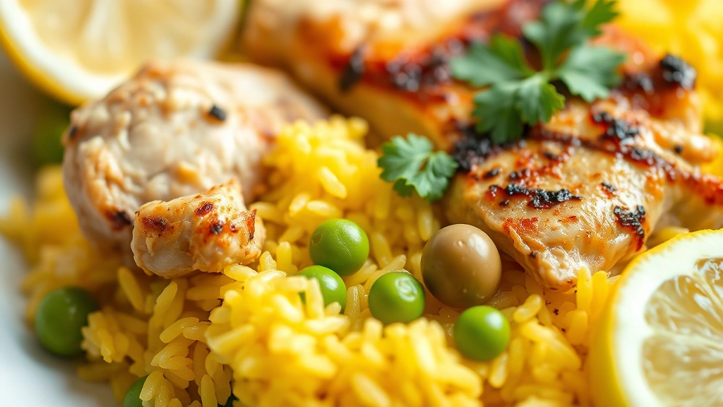 detail: close-up of individual portion showing fluffy saffron rice, tender chicken with crispy skin, bright green peas, sliced green olives, fresh cilantro leaves, lemon wedge nearby, shallow depth of field, natural daylight, no text or watermarks