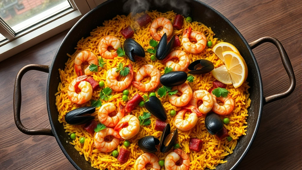 hero: Overhead shot of finished Spanish paella in traditional paella pan, golden saffron rice with pink shrimp, dark mussels, orange chorizo, vibrant green peas scattered throughout, fresh parsley garnish, lemon wedges on side, steam rising, natural daylight from window, rustic wooden table background