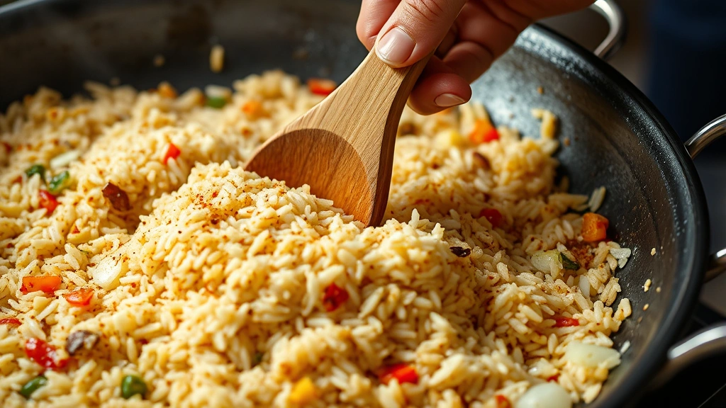 process: Close-up of hand stirring bomba rice in paella pan with wooden spoon, oil and spices coating grains, onions and peppers visible, natural kitchen lighting, steam visible, professional cooking in progress