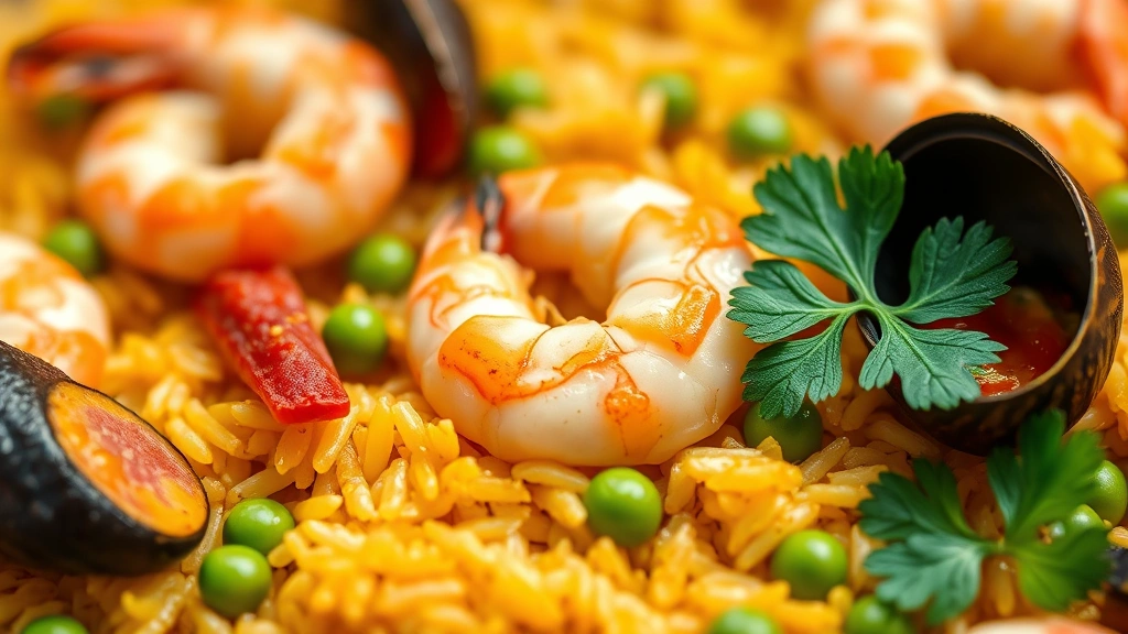 detail: Macro shot of paella showing texture of socarrat (crispy rice layer), individual grains of golden rice, pink shrimp, black mussel, orange chorizo slice, green peas, fresh parsley leaf, bright natural light, shallow depth of field