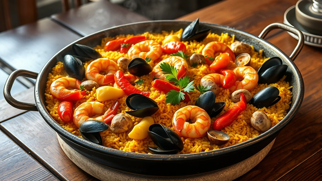 hero: vibrant Spanish paella in a large traditional pan, golden saffron rice with shrimp, mussels, clams, chicken pieces, red and yellow peppers, fresh parsley garnish, steam rising, warm Mediterranean lighting, rustic wooden table, no text