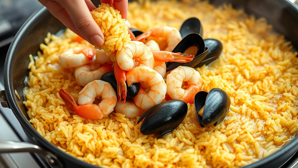 process: cooking step showing seafood being added to rice in paella pan, shrimp and mussels nestled into golden rice, bubbling broth, close action shot, natural daylight, no text