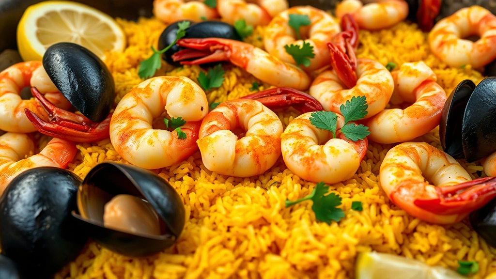 detail: close-up of finished paella showing golden socarrat crust at bottom, individual grains of saffron rice, perfectly cooked shrimp, opened mussels, fresh parsley, lemon wedges visible, shallow depth of field, warm natural light, no text