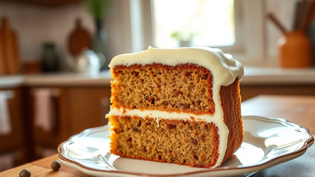 hero: beautiful slice of spiced cake with cream cheese frosting on vintage plate, warm natural window light, cozy kitchen background, sharp focus on cake texture