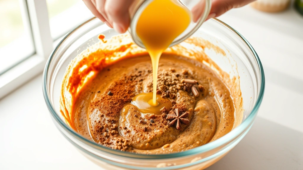 process: hands mixing spice cake batter in glass bowl, cinnamon and nutmeg visible, pouring wet ingredients, natural afternoon light from window