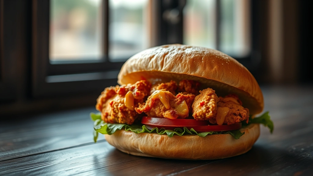 hero: golden-brown spicy chicken sandwich on brioche bun with fresh toppings, tomato slice visible, steam rising, photorealistic, natural window light, dark wooden table, no text