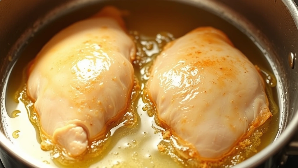 process: chicken breasts being fried in hot oil, golden crust forming, oil bubbling around edges, photorealistic, natural kitchen light, stainless steel pot, no text