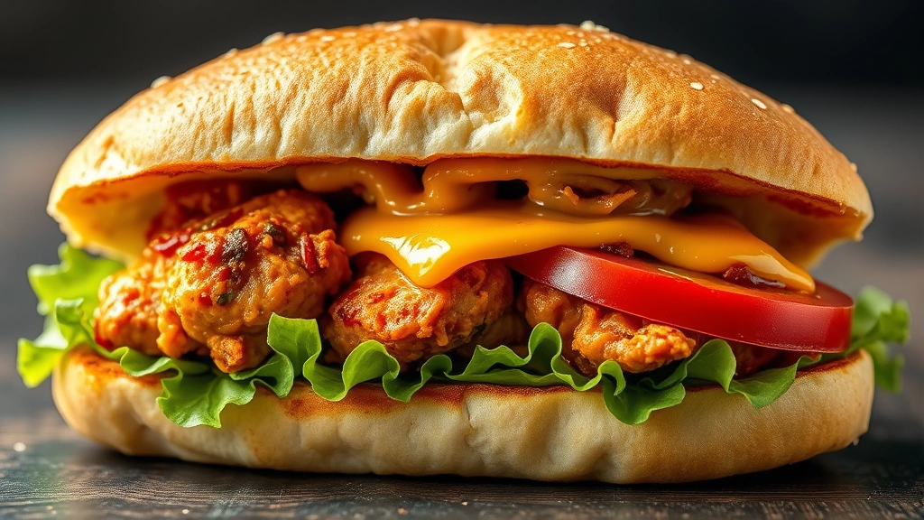 detail: close-up cross-section of spicy chicken sandwich showing crispy crust, juicy chicken interior, melted cheese, fresh lettuce and tomato, photorealistic, macro photography, natural light, no text