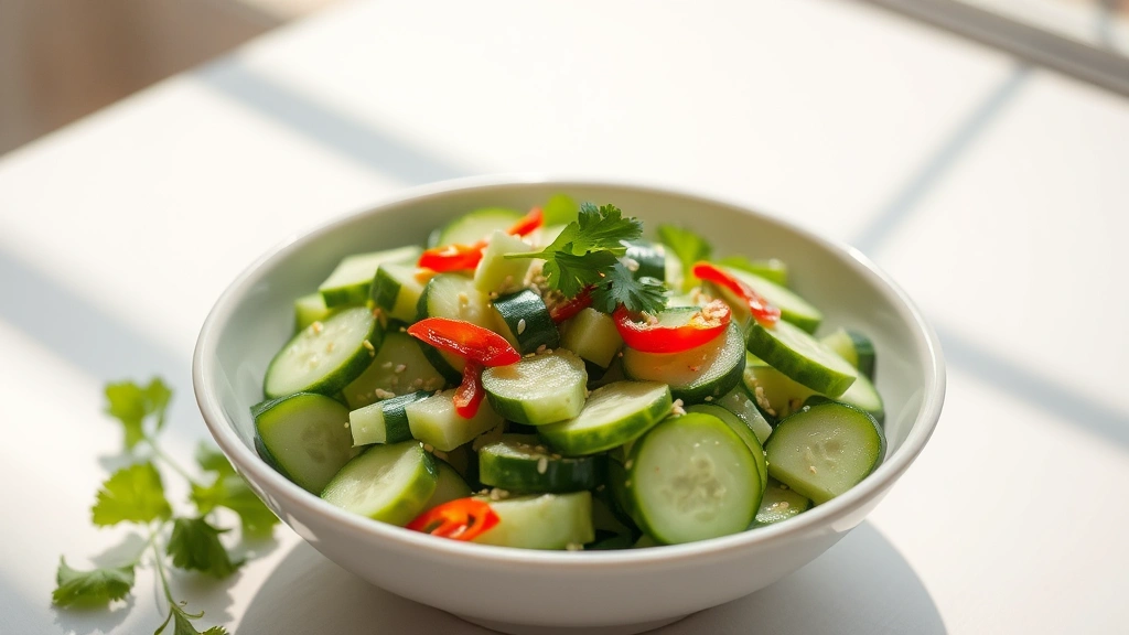 hero: spicy cucumber salad in a white ceramic bowl with sesame seeds and cilantro garnish, vibrant green cucumbers with red chili slices visible, natural window light casting soft shadows, minimalist table setting, photorealistic, no text