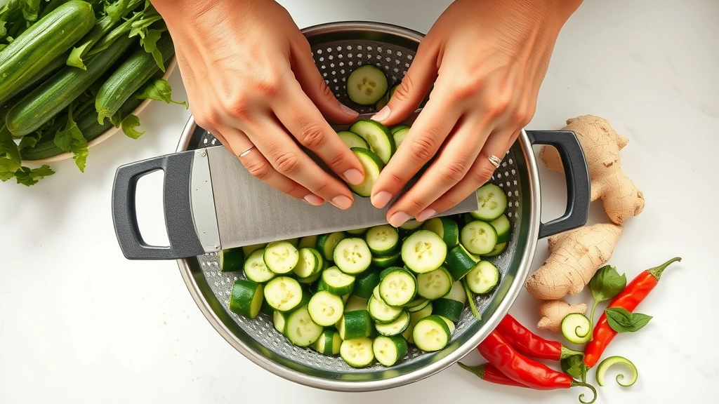 process: hands slicing fresh English cucumbers on a mandoline over a colander, fresh ginger and red chili peppers beside them, bright kitchen counter, photorealistic overhead angle, natural daylight, no text