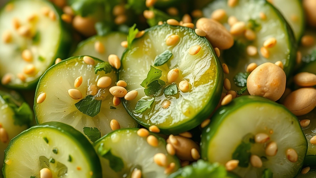 detail: close-up of spicy cucumber salad showing individual sliced cucumbers coated in glistening dressing with visible sesame seeds, cilantro, and peanuts, shallow depth of field, photorealistic macro photography, natural light, no text