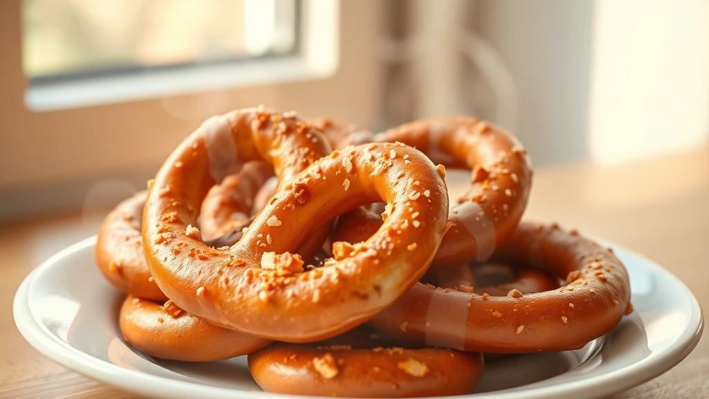 hero: golden brown spicy pretzels with coarse sea salt and paprika seasoning on white plate, steam rising, natural window light, warm afternoon lighting, no text or watermark