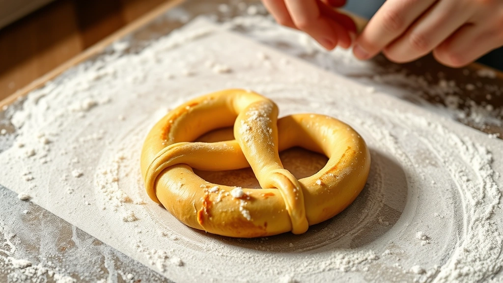 process: hands forming pretzel dough rope into classic pretzel shape on floured surface, fingers shaping the twist, natural daylight, professional food photography, no text