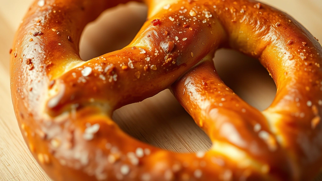 detail: close-up of single baked pretzel showing crispy mahogany exterior with cayenne and paprika seasoning, salt crystals visible, shallow depth of field, warm natural light, no text