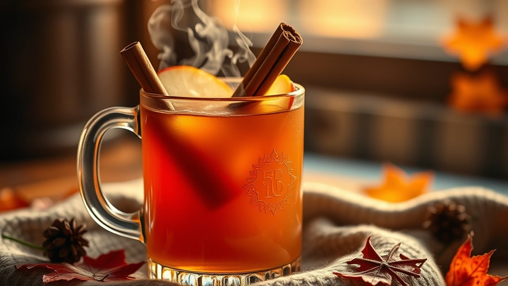 hero: steaming mug of spiked cider with cinnamon stick and apple slice garnish, amber liquid visible in clear glass mug, warm autumn lighting, cozy fall setting, photorealistic, natural light, no text