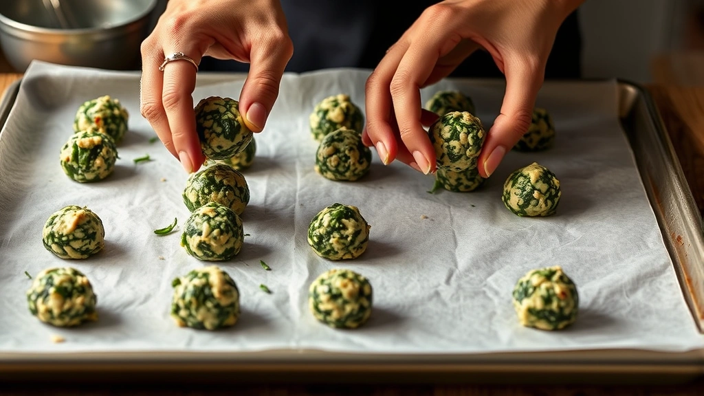 process: hands forming spinach mixture into balls on a parchment-lined baking sheet, photorealistic, warm kitchen lighting, no text